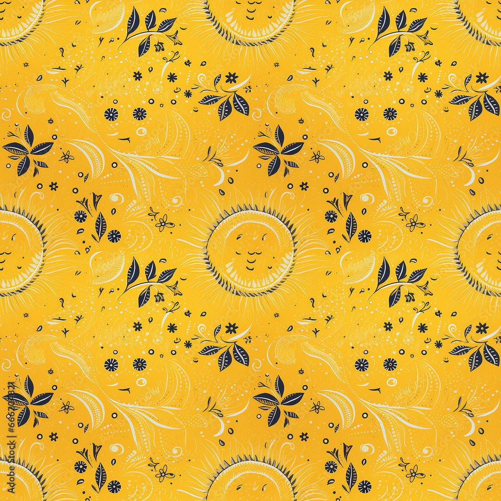 yellow sun. naive art. Seamless pattern.