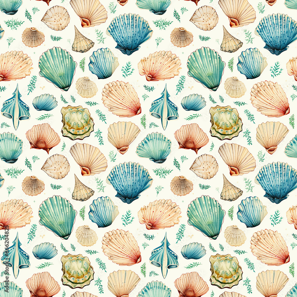 A Vintage Ocean Background Watercolor Seashell Seamless pattern.