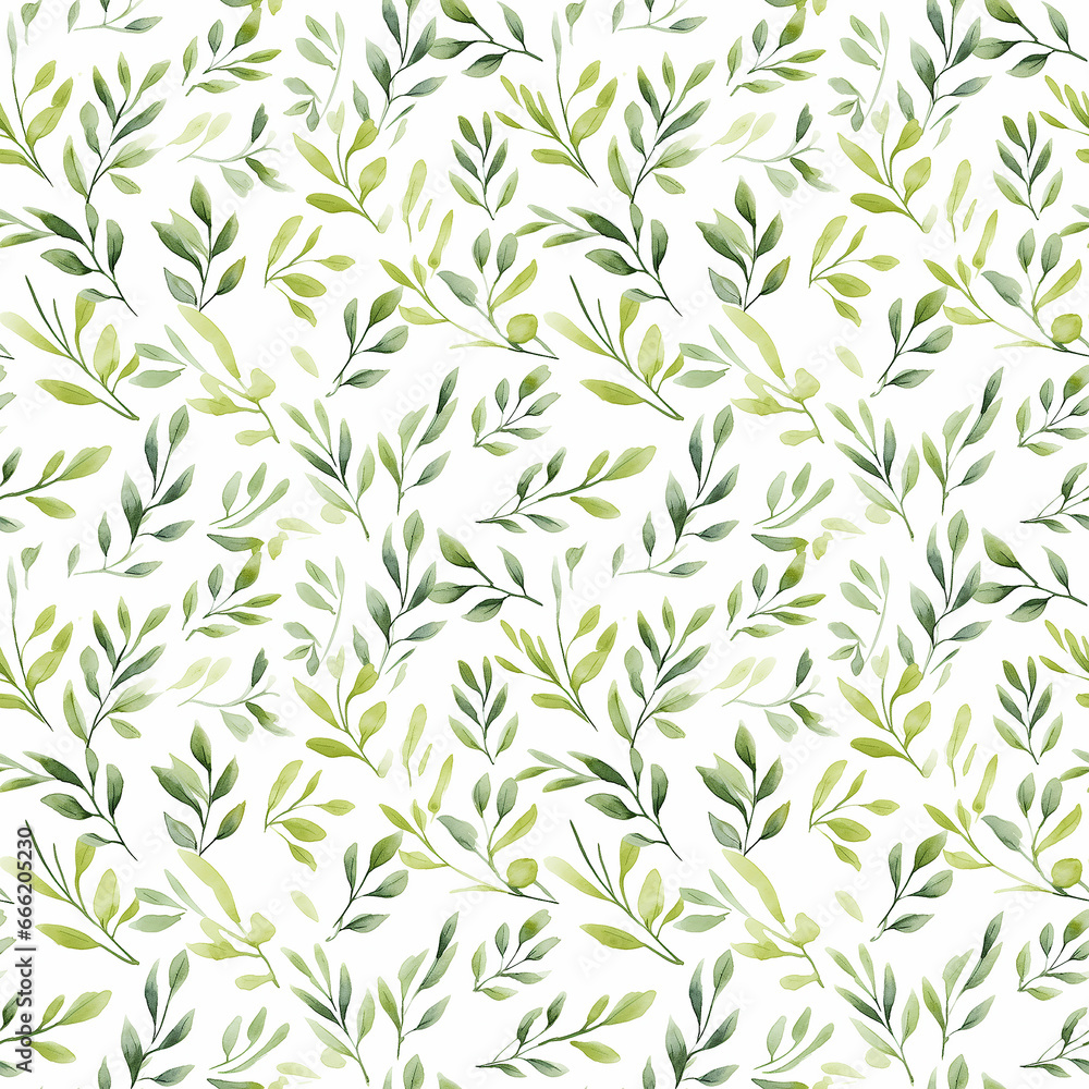 A Watercolor Floral Pattern with Green Leaves and Branches on a White Background. Seamless pattern.