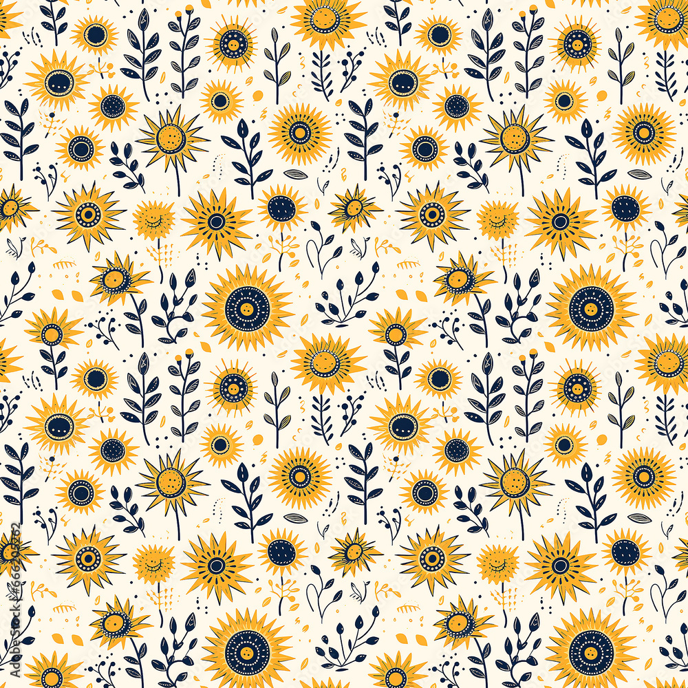 yellow sun. naive art. Seamless pattern.