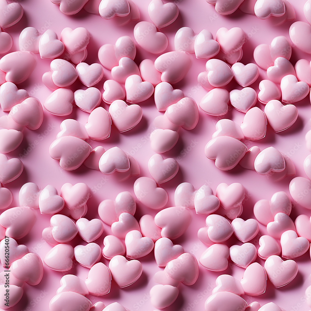 pink marshmallows heart on minimalist pink background. Seamless pattern.