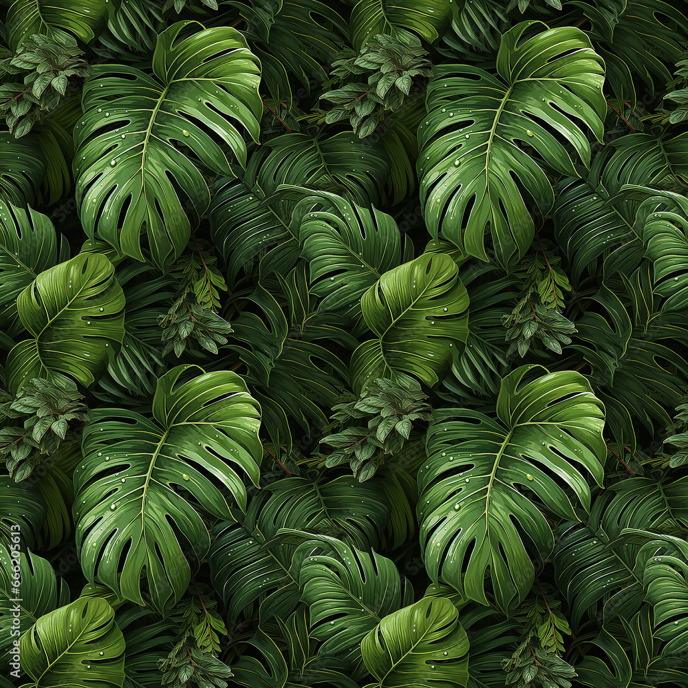 green palm leaves. Seamless pattern.