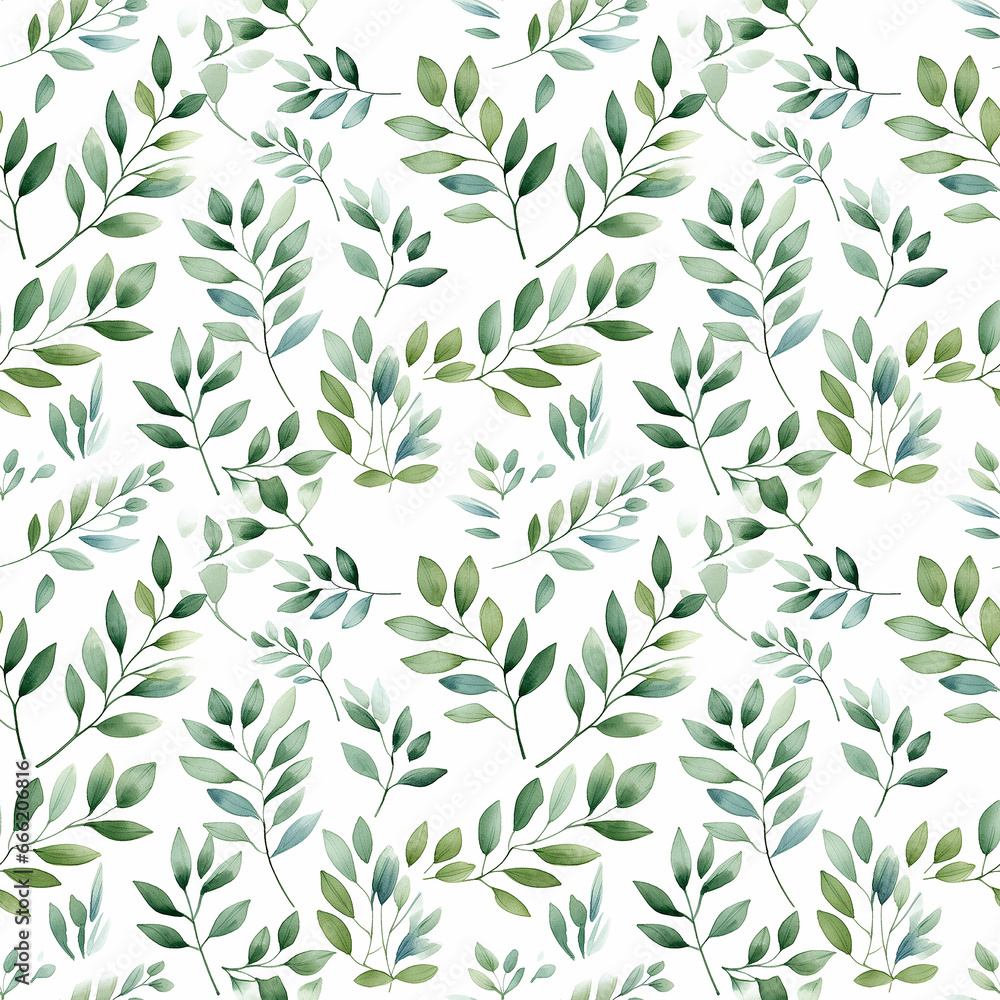 A Watercolor Floral Pattern with Green Leaves and Branches on a White Background. Seamless pattern.