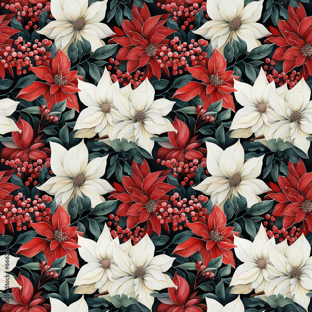 poinsettia watercolor flower pattern. Seamless pattern.