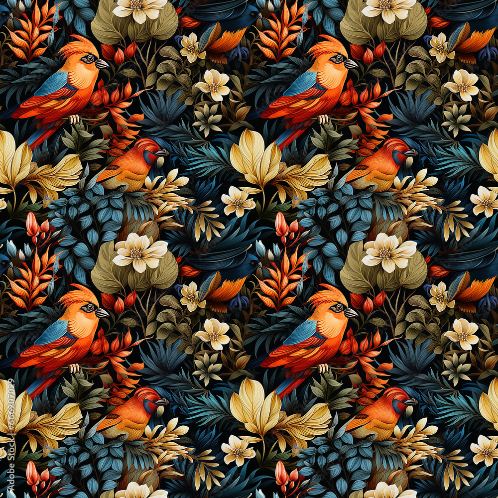 tropical leaves flowers birds. Seamless pattern.