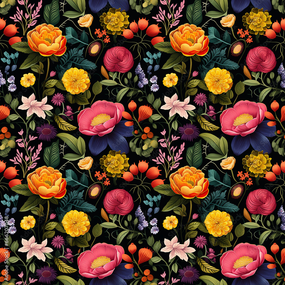 Vibrant Flower Arrangements Illustrated on a Dark Background. Seamless pattern.