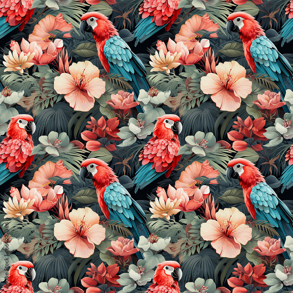 tropical leaves flowers birds. Seamless pattern.