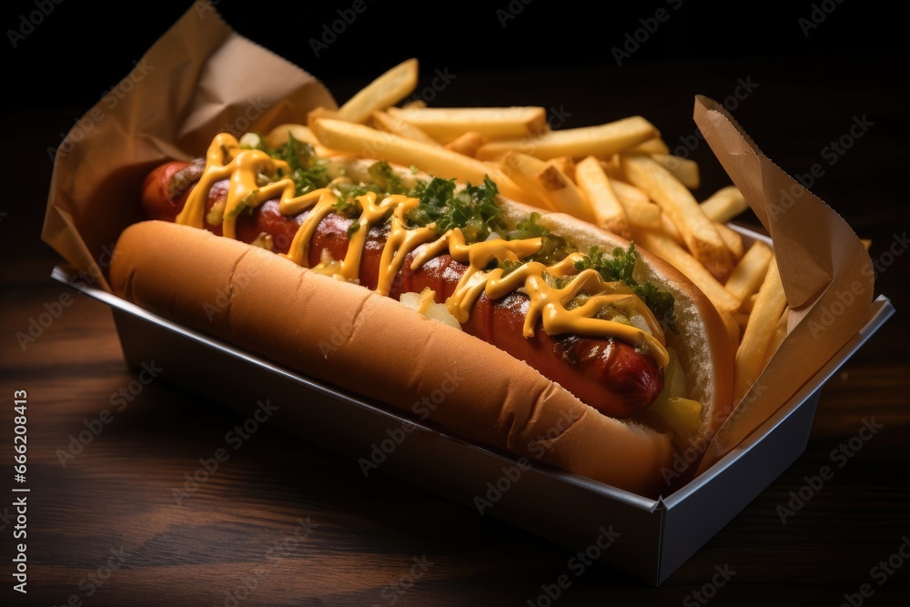 A classic hot dog topped with mustard.