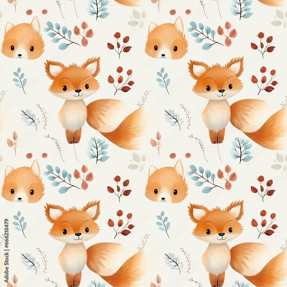 Cute fox fall autumn forest flower watercolor. Seamless pattern.