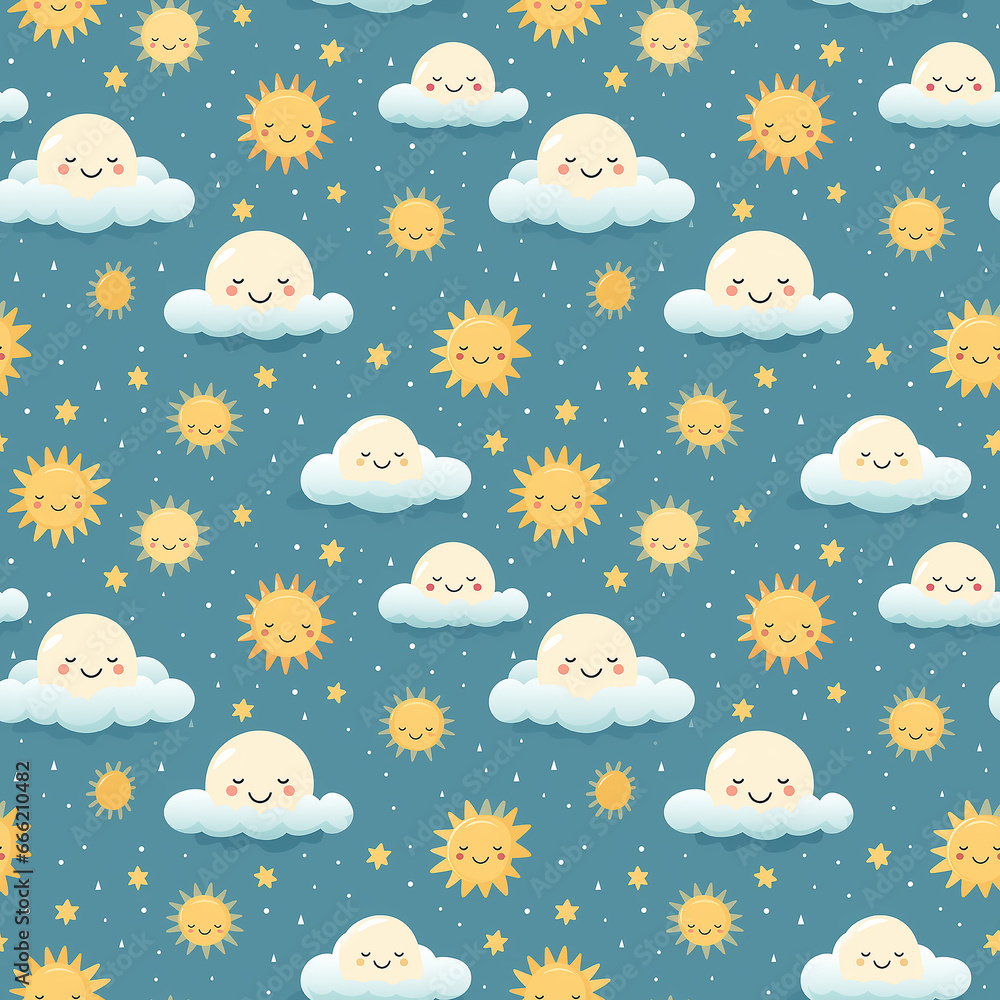 cute childish pattern with sun and clouds. Seamless pattern.