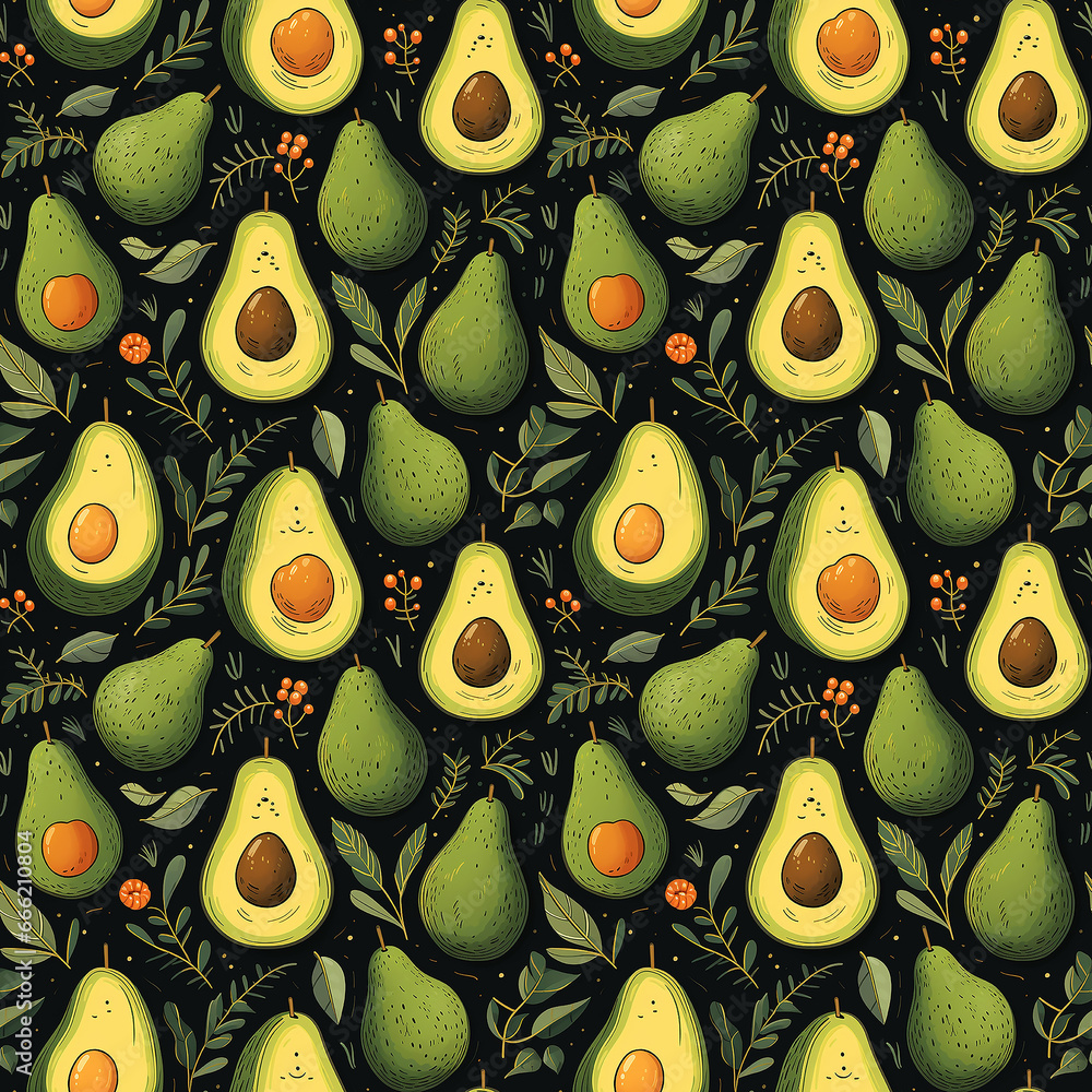 cute avocado. naive art. Seamless pattern.