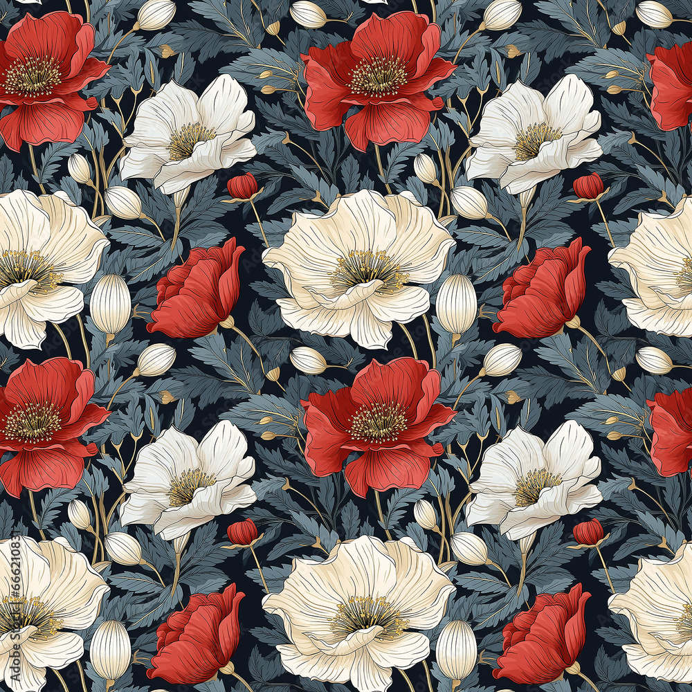 retro flowers botanical illustration. Seamless pattern.