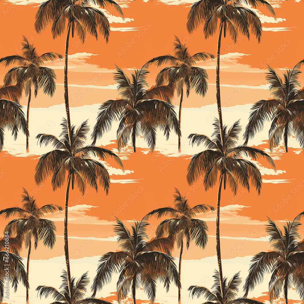 Seamless tropical pattern palm trees on an orange background