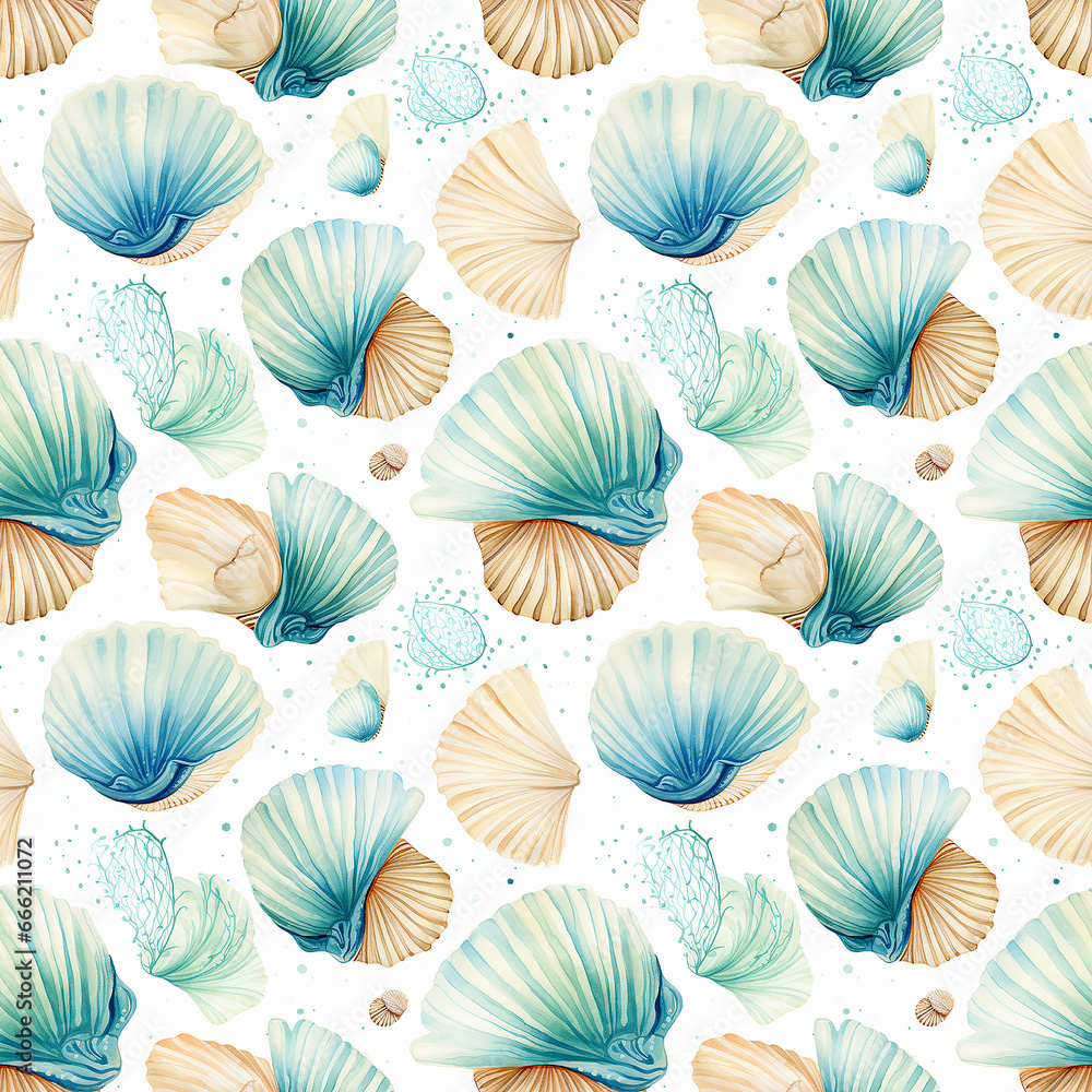 A Vintage Ocean Background Watercolor Seashell Seamless pattern.