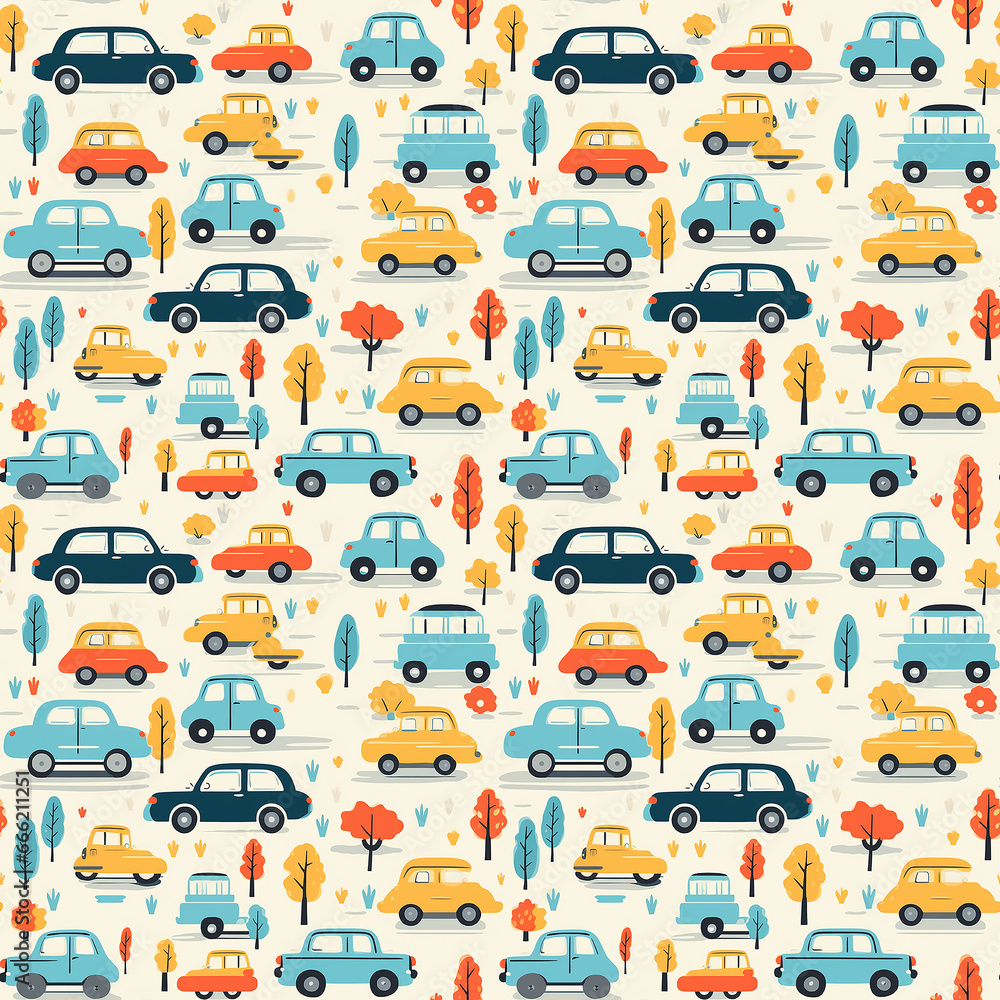 cute little cars naive art. Seamless pattern.