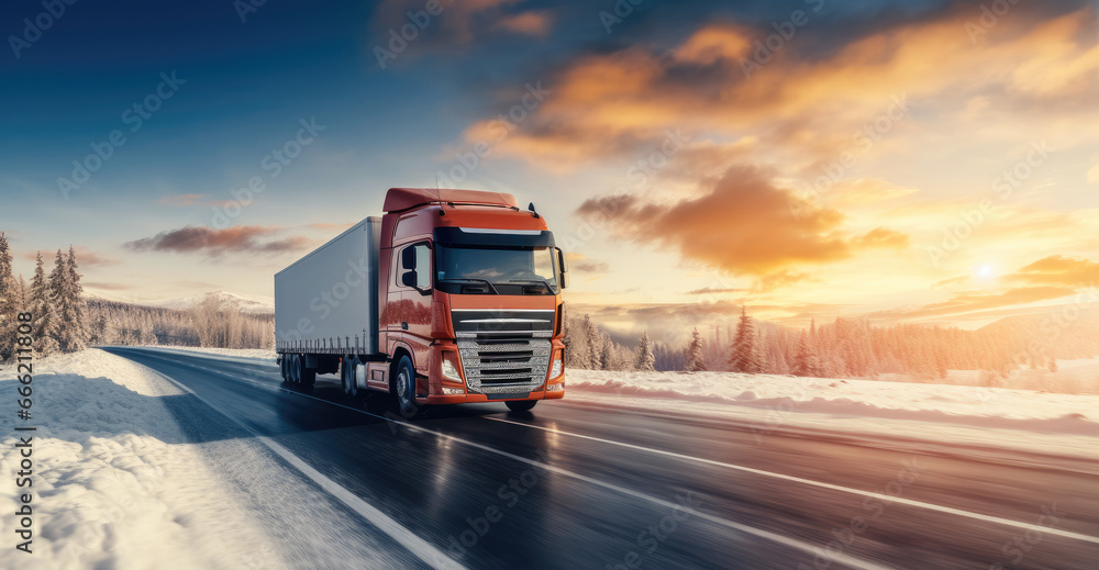 Large truck driving on a road with snow covered in winter.