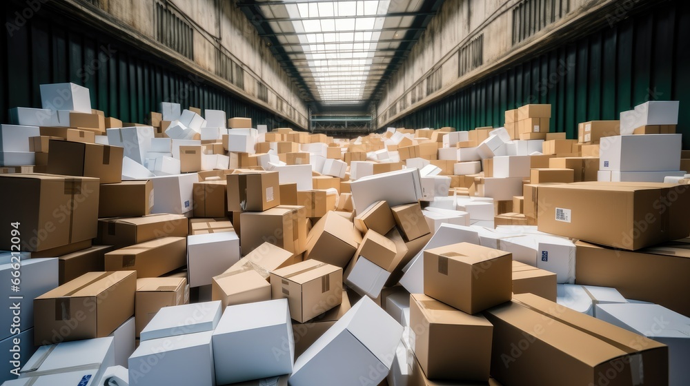 Many box for Delivery in warehouse, Distribution Warehouse With Cardboard Boxes.