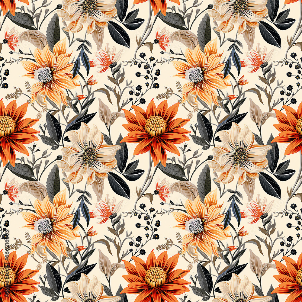 retro flowers botanical illustration. Seamless pattern.