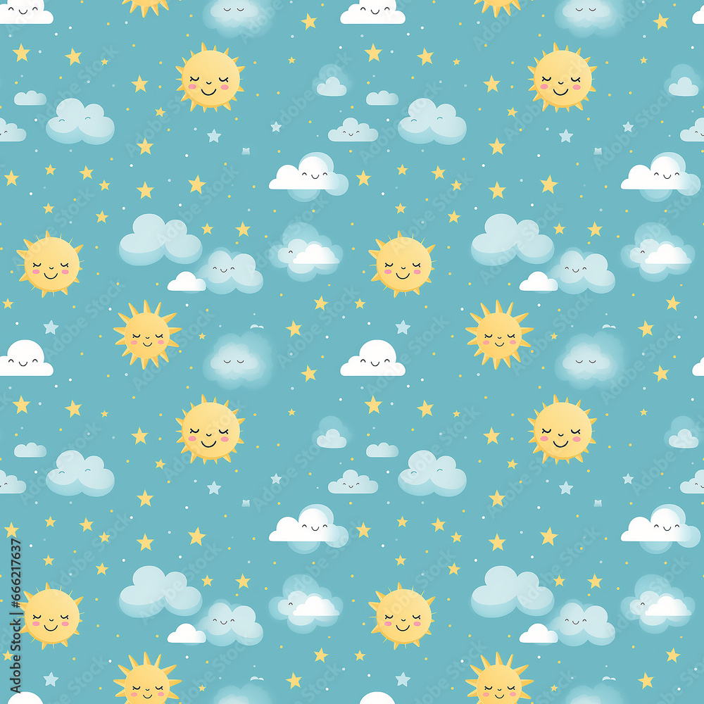 cute childish pattern with sun and clouds. Seamless pattern.