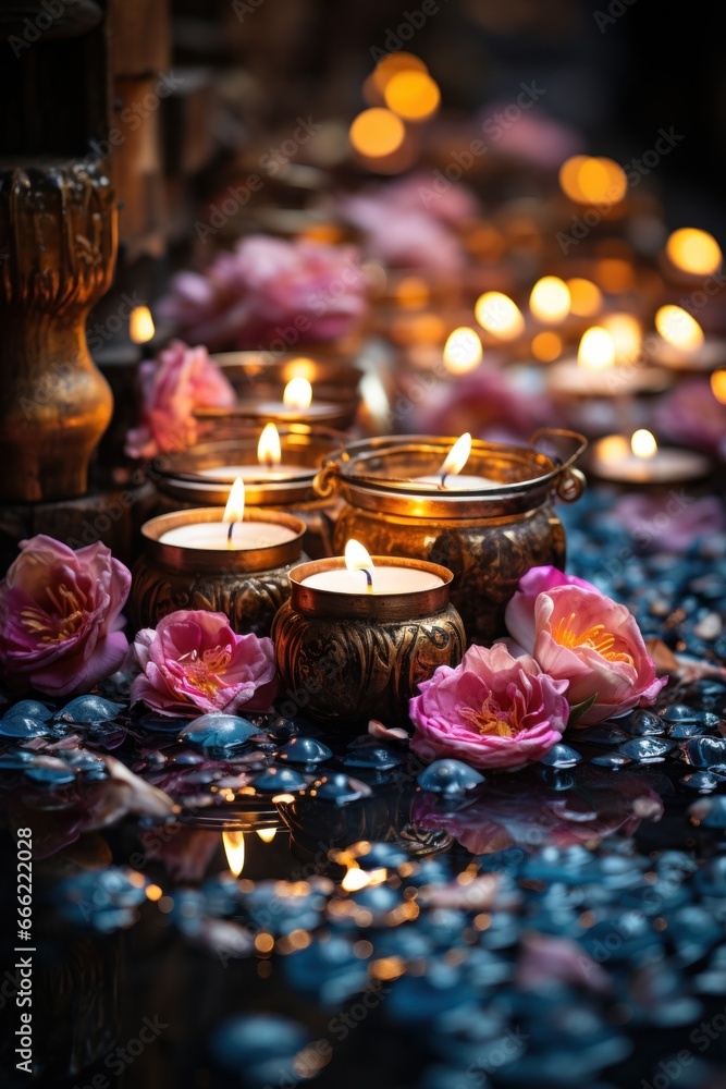 flowers and candles are lit at night