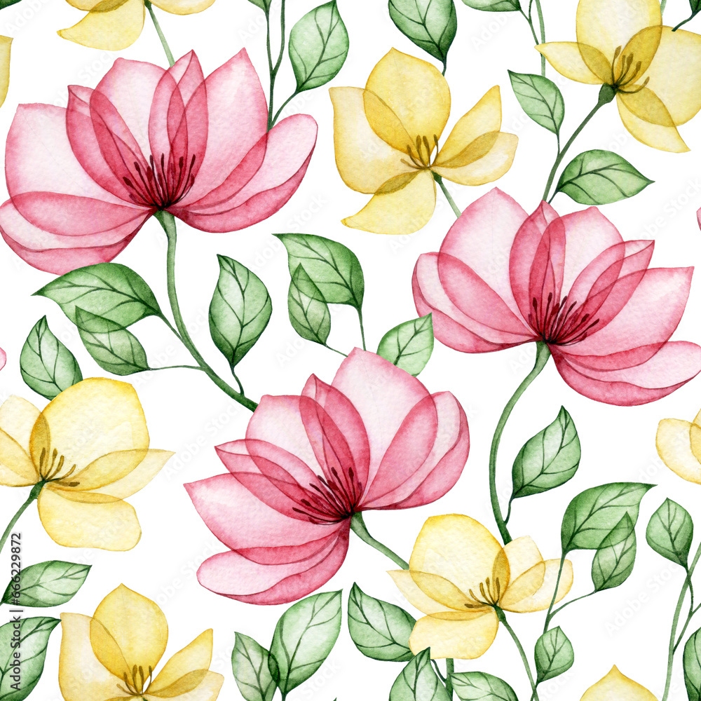 watercolor drawing, seamless pattern of transparent rose flowers in pink and yellow. delicate x-ray print