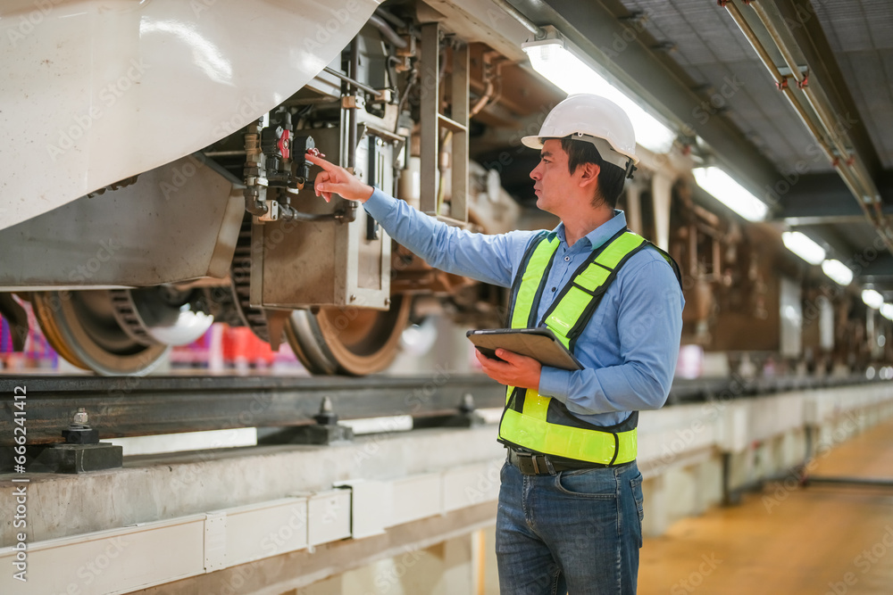 Portrait of apprentice under train in railway engineering facility