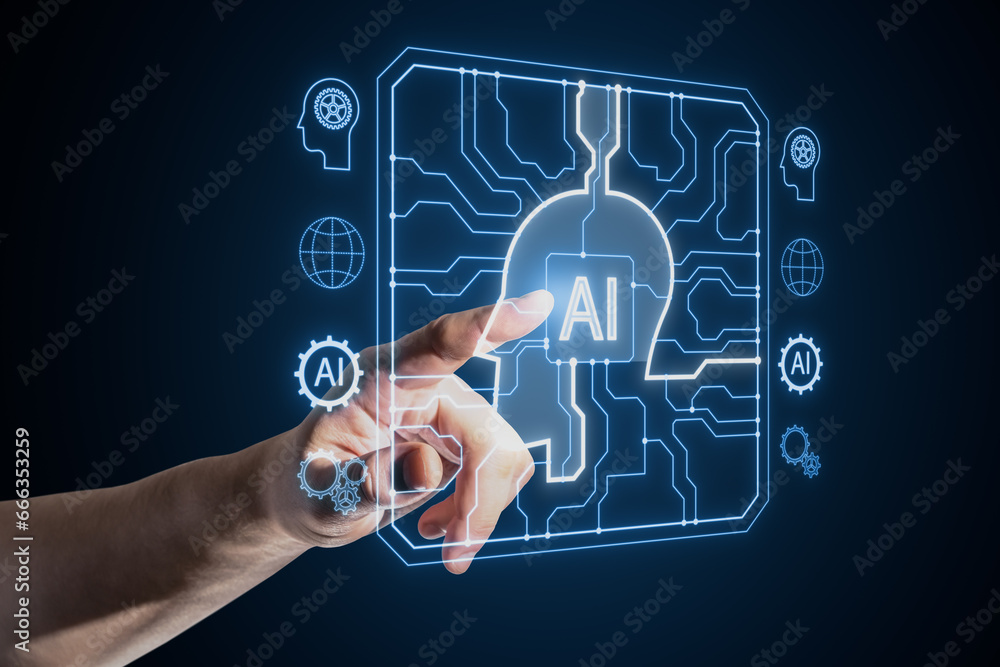 Close up of man hand pointing at creative AI head outline hologram with circuit on blurry blue background.