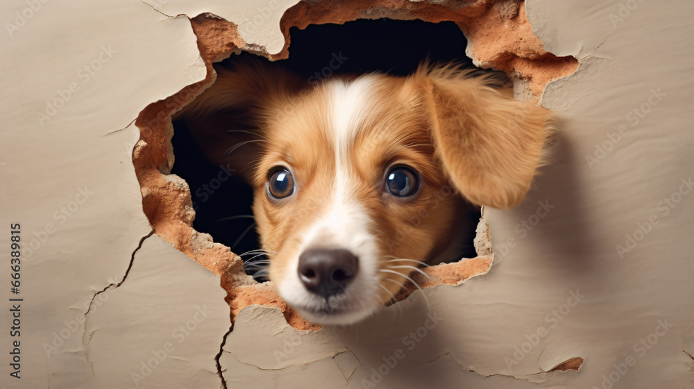 Cute dog looking through hole in wall