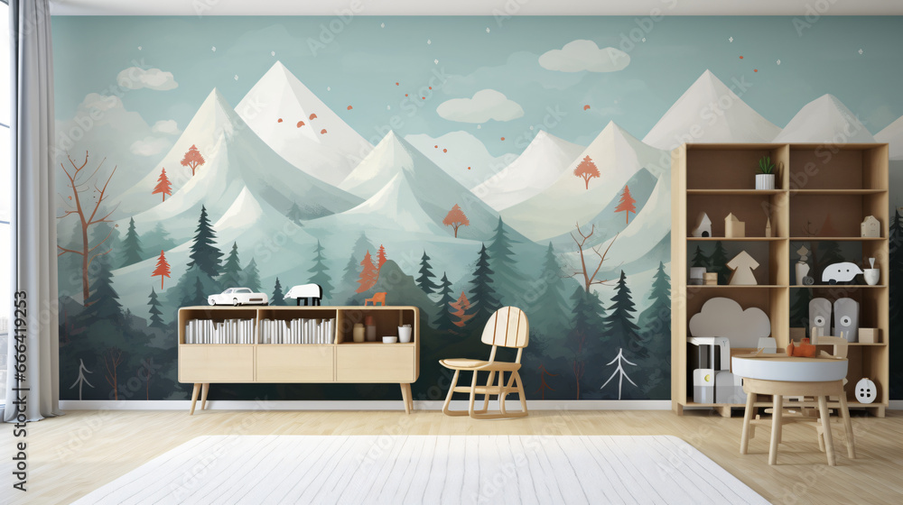 Illustrative wallpaper mockup in a kids room.