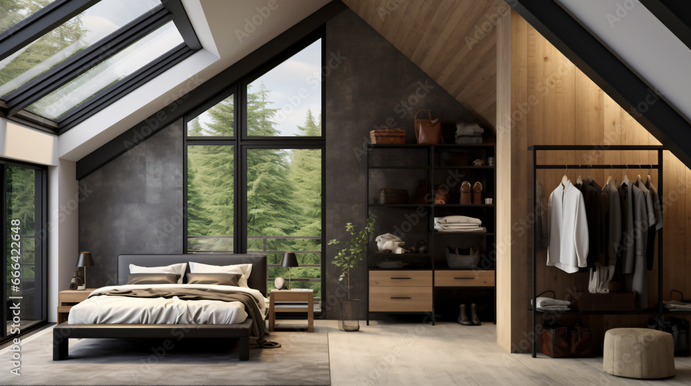 Interior of a loft bedroom featuring a master bed