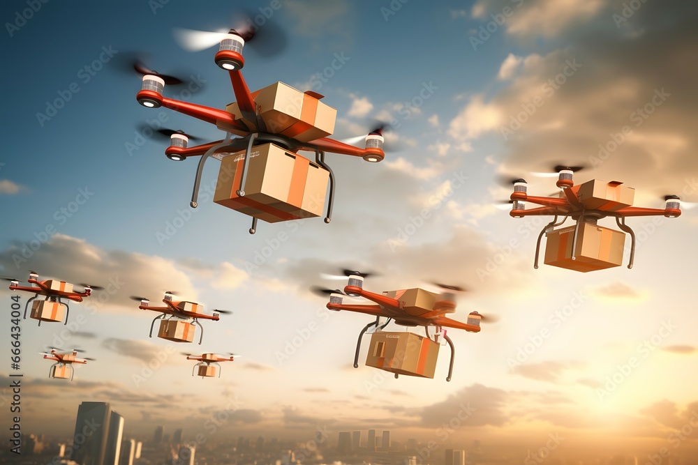 a flock of delivery drones delivering package over the city