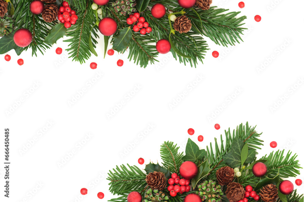 Christmas winter greenery background border with red holly berries, fir, mistletoe, ivy, pine cones on white background. Festive nature greeting card design for New Year, Yule, Noel.