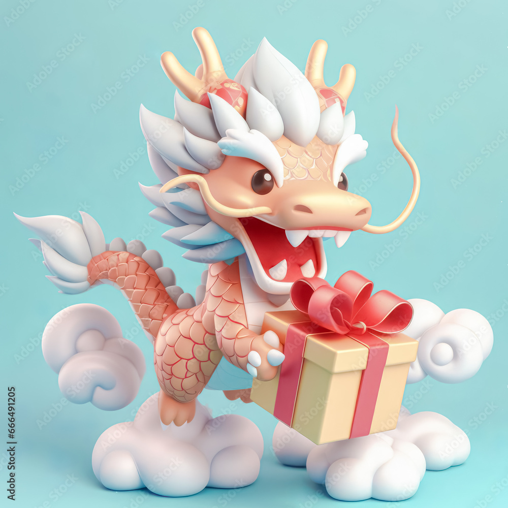 Cute cartoon dragon with gift box on blue background. 