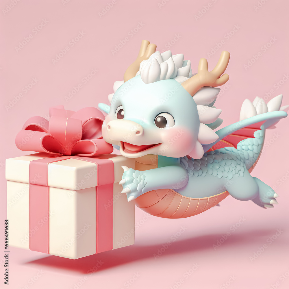 Cute cartoon dragon with gift box on pink background. 