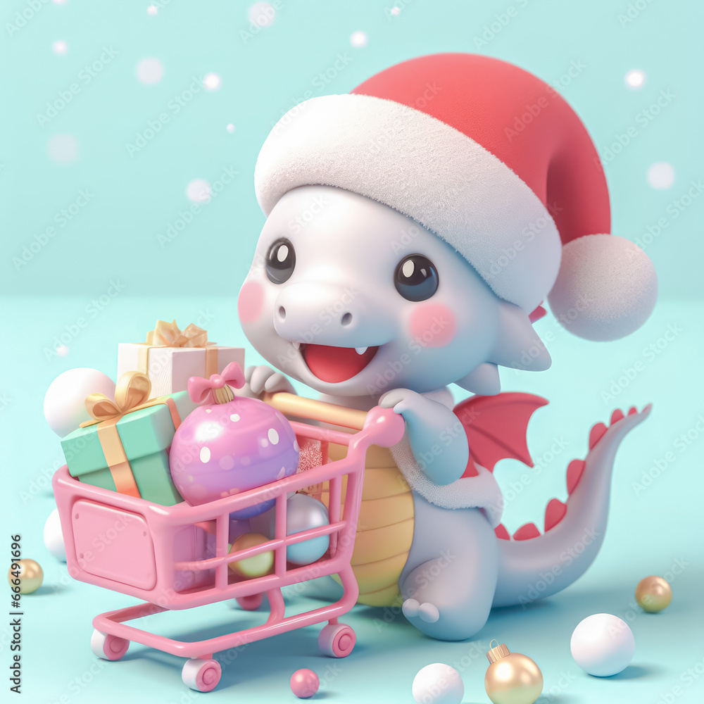 Cute cartoon dragon with shopping cart and christmas gifts. 