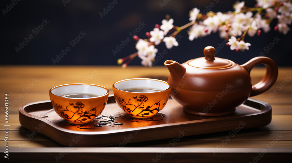 Tea ceremony, traditional teapot and ceramic cups on wooden tray on dark background with sakura blossoms. Generative AI