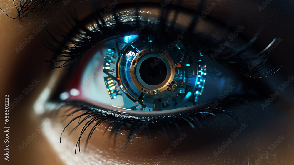 Female android robot eye close up. Digital iris of cyber woman. Bionic technology concept. Generative AI