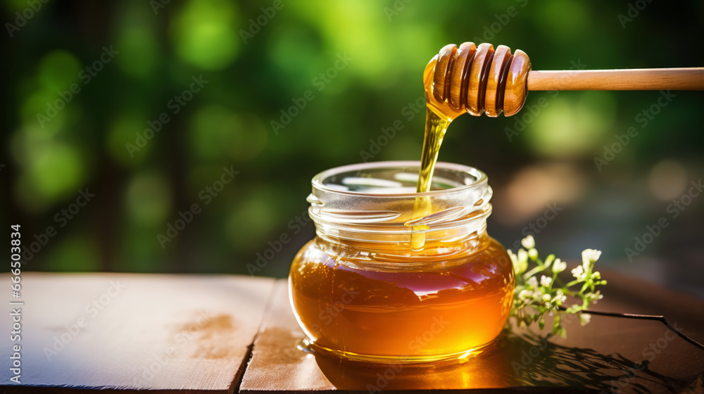 Close-up of a jar of honey with a honey dipper on a wooden table with a green natural background. Generative AI