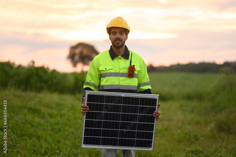 Male engineer in electrical and solar energy systems wearing a reflective vest holds a solar panel at a power generation site.