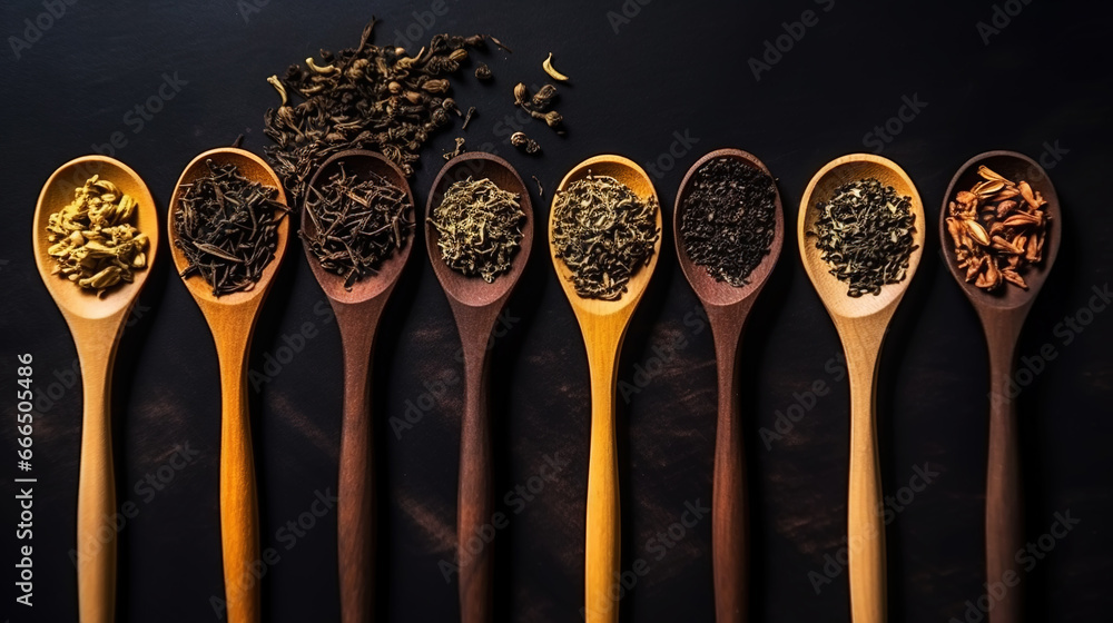 Different types of tea and herbs in vintage wood spoons, top view on dark background. Copy space. Generative AI