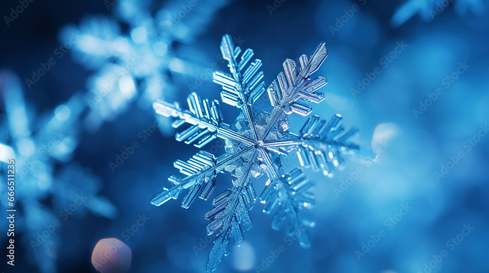 Close up of a glossy snowflake, macro photo of snow crystals on blue background. Generative AI