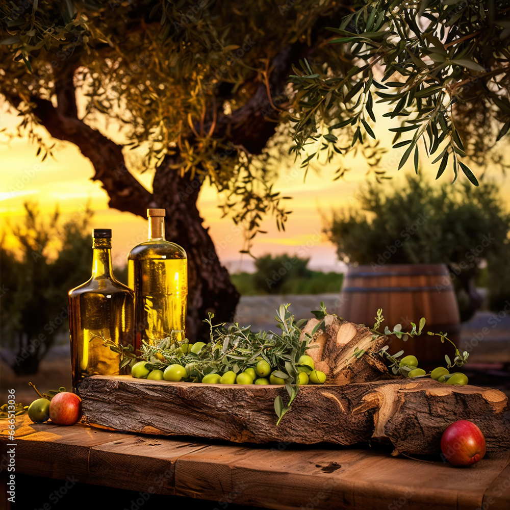 Bottles with organic olive oil and olives on a wooden table on the background of sunset in an farm garden. Generative AI