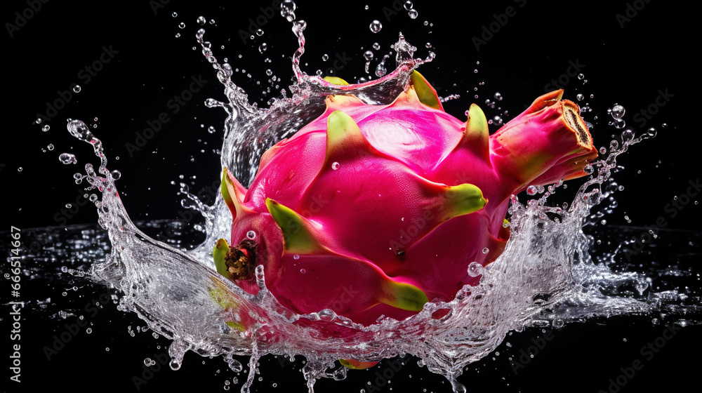 Fresh pitaya with water splashes on dark background. Generative AI