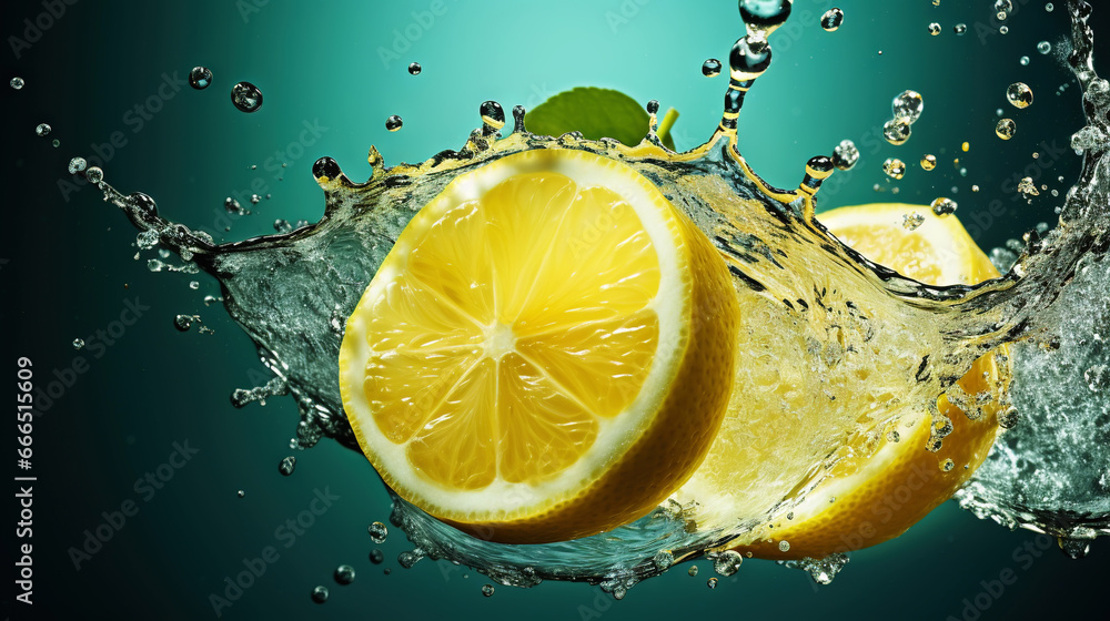 Fresh lemon with water splashes on dark background. Generative AI