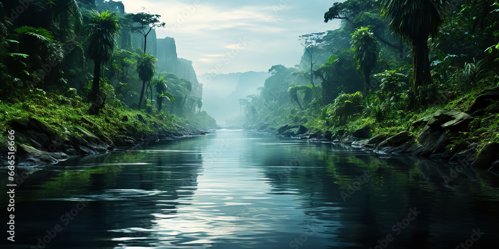 Tropical rainforest around river covered with mist. Generative AI