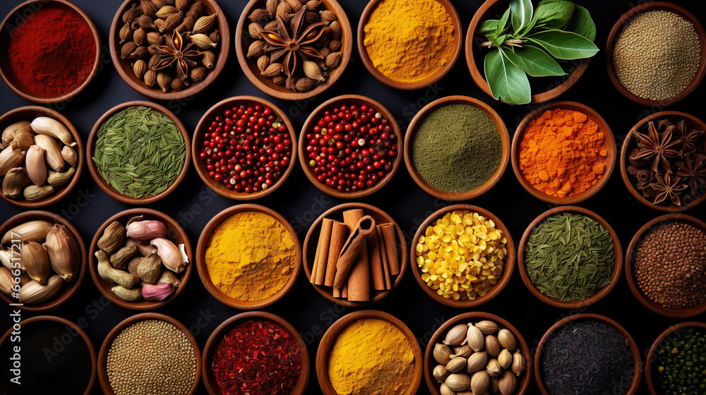 Collection of different aromatic spices and herbs in a wooden plates on dark background, view from above. Generative AI