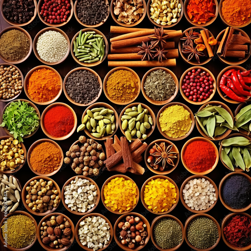 Collection of different aromatic spices and seeds in a wooden cells on black background, view from above. Generative AI