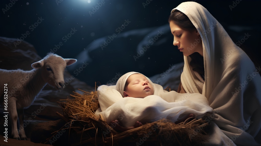 Bible scene with the Virgin Mary and newborn Jesus Christ in a humble manger. Essence of the holy birth, with Marys loving gaze on her son, symbolizing peace, love, and the beginning of Christianity