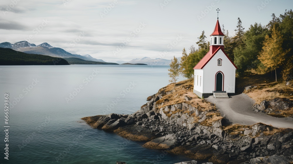 Quaint and simple Lutheran church surrounded by a serene body of water. The water could be a sea, ocean, or lake, adding to the tranquility of the scene. Minimalist architecture and natural beauty