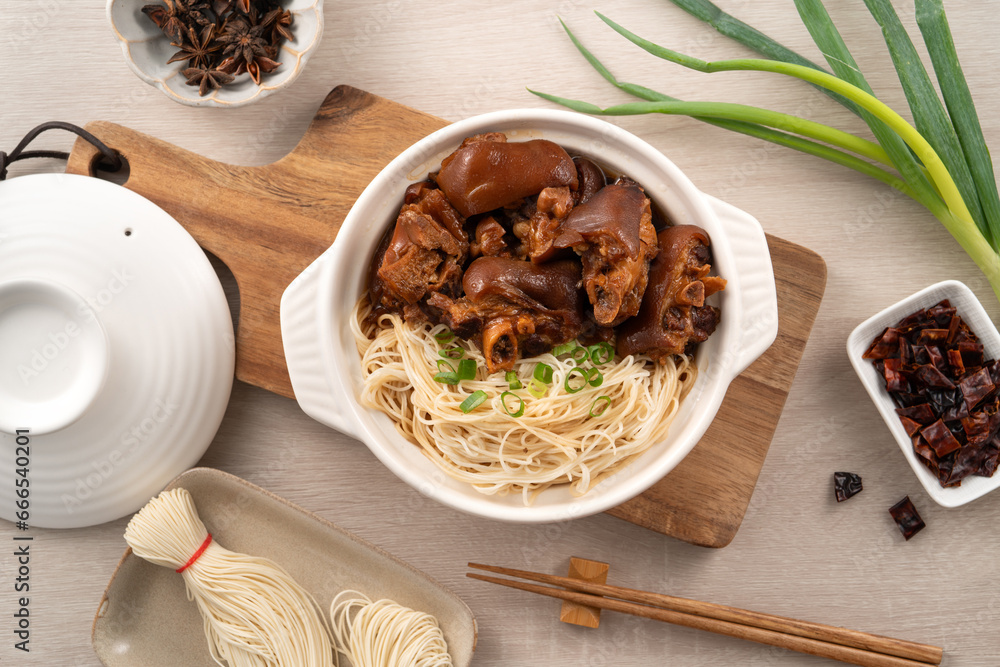 Taiwanese traditional food pork knuckle with vermicelli.